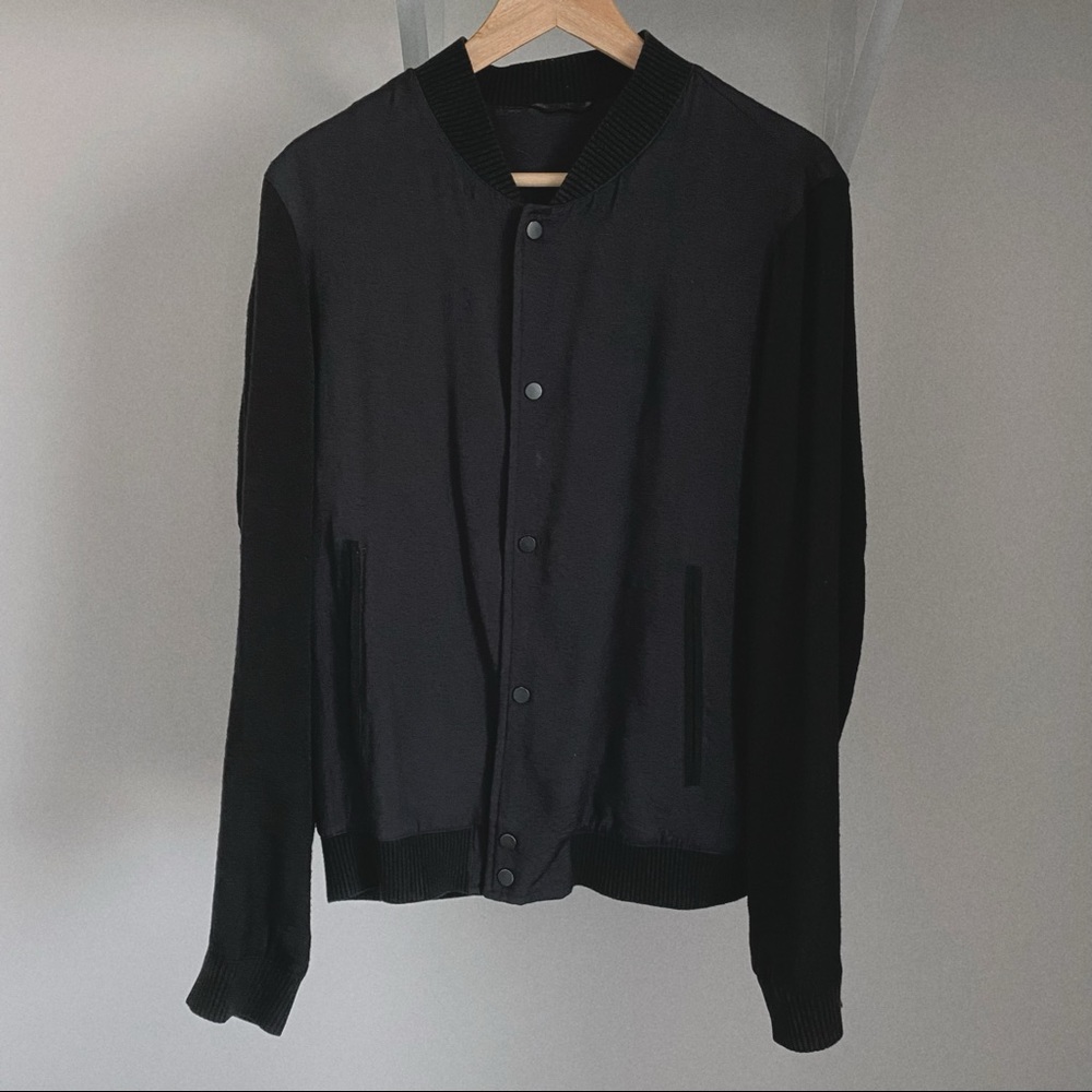 AllSaints Bassett Bomber black snap front jacket, size M